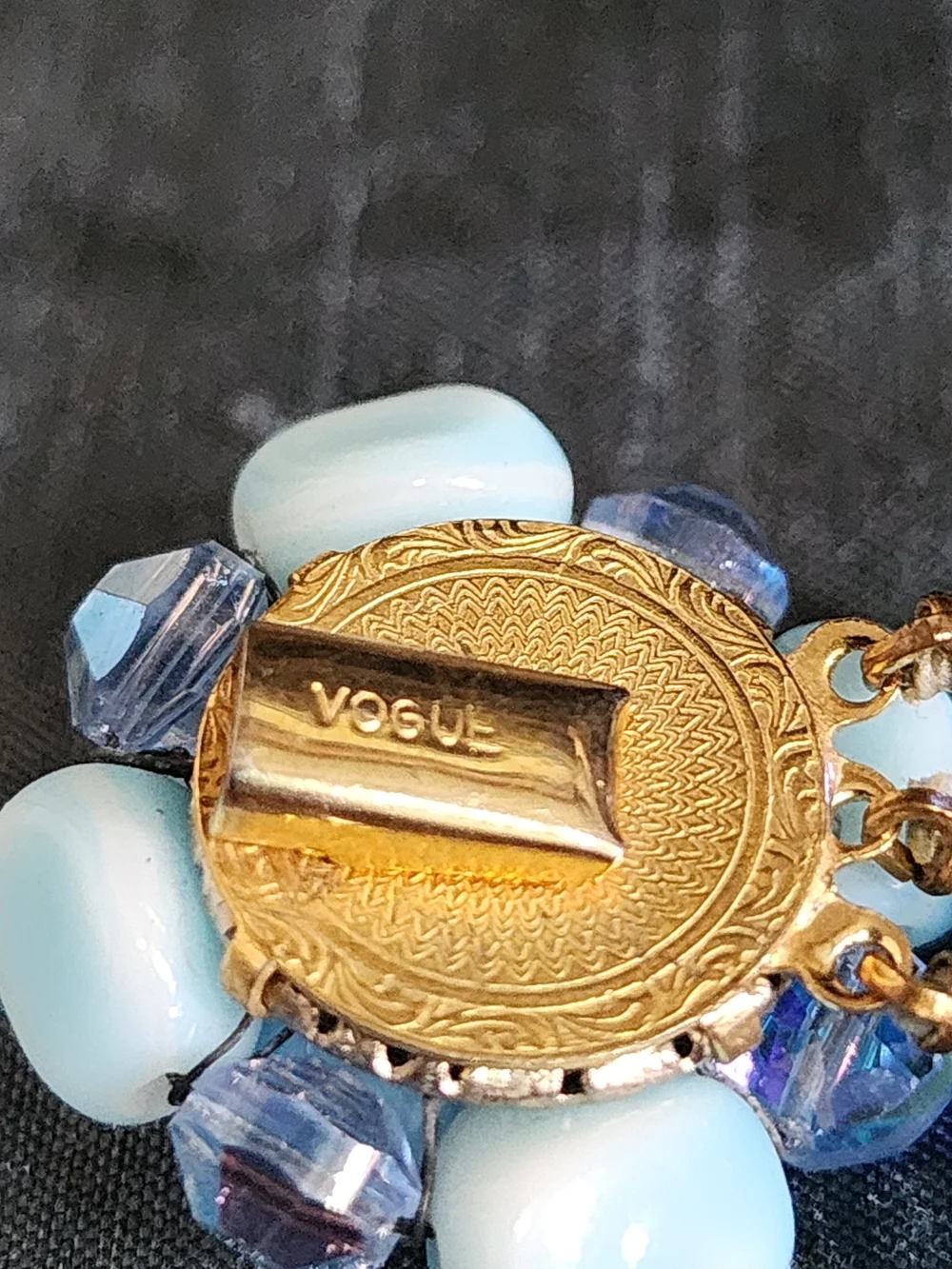 Vintage Signed VOGUE Blue Glass Bead Cluster Bracelet Aurora Borealis